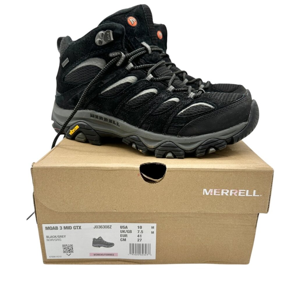 Merrell Moab 3 Mid GTX Hiking Boots Womens 10M Black Grey Waterproof Vibram Sole